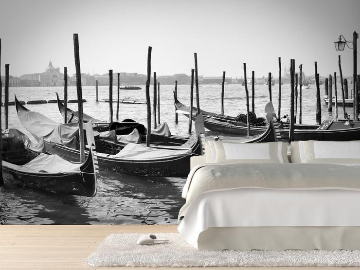 Parked Gondolas in Venice, Italy Wall Mural-Black & White,Buildings & Landmarks,Transportation-Eazywallz