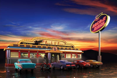 Retro american diner at dusk Wall Mural-Vintage-Eazywallz