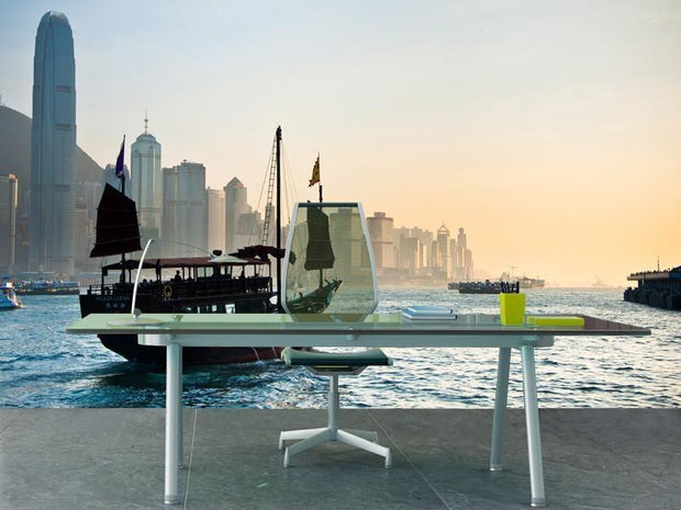 Traditional Chinese Boat against Hong Kong skyline Wall Mural-Cityscapes,Transportation-Eazywallz