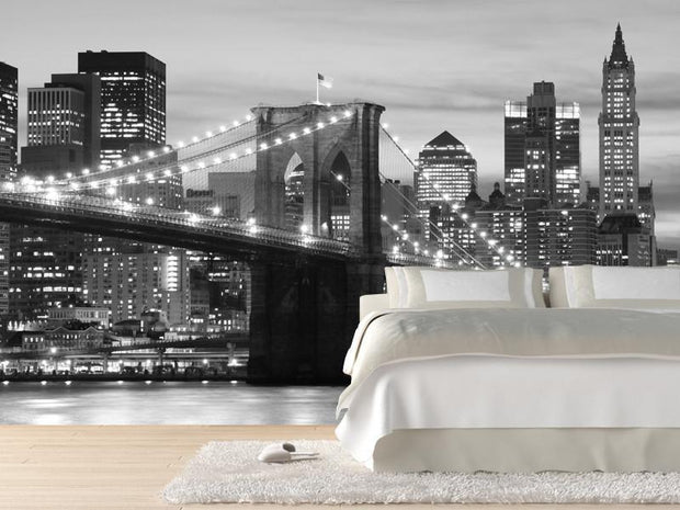 Brooklyn Bridge at night in black and white Wall Mural-Black & White,Buildings & Landmarks,Cityscapes,Featured Category-Eazywallz