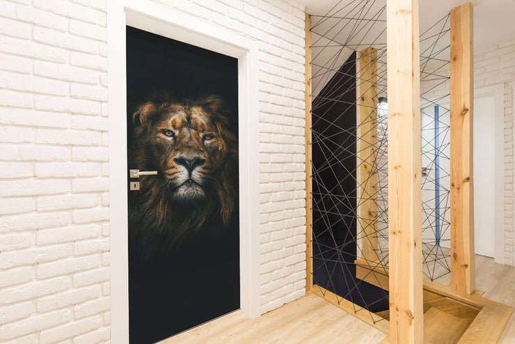 Dark Lion Head Door Mural-Animals & Wildlife,Black & White-Eazywallz