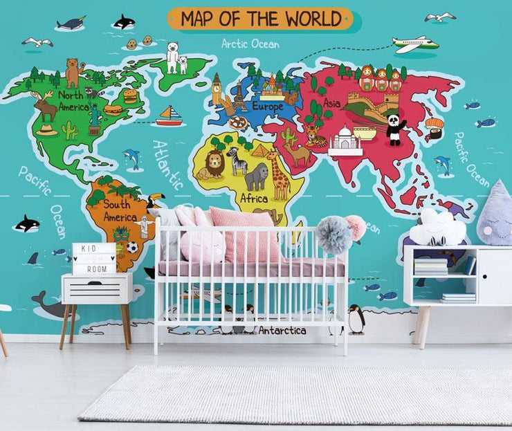 Kid's Cartoon World Map Wall Mural-Kids' Stuff-Eazywallz