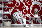 White abstract plants on a red background Wall Mural