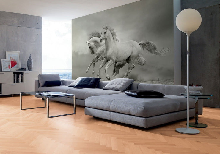 White Horses in the Summer Wall Mural-Animals & Wildlife,Black & White-Eazywallz